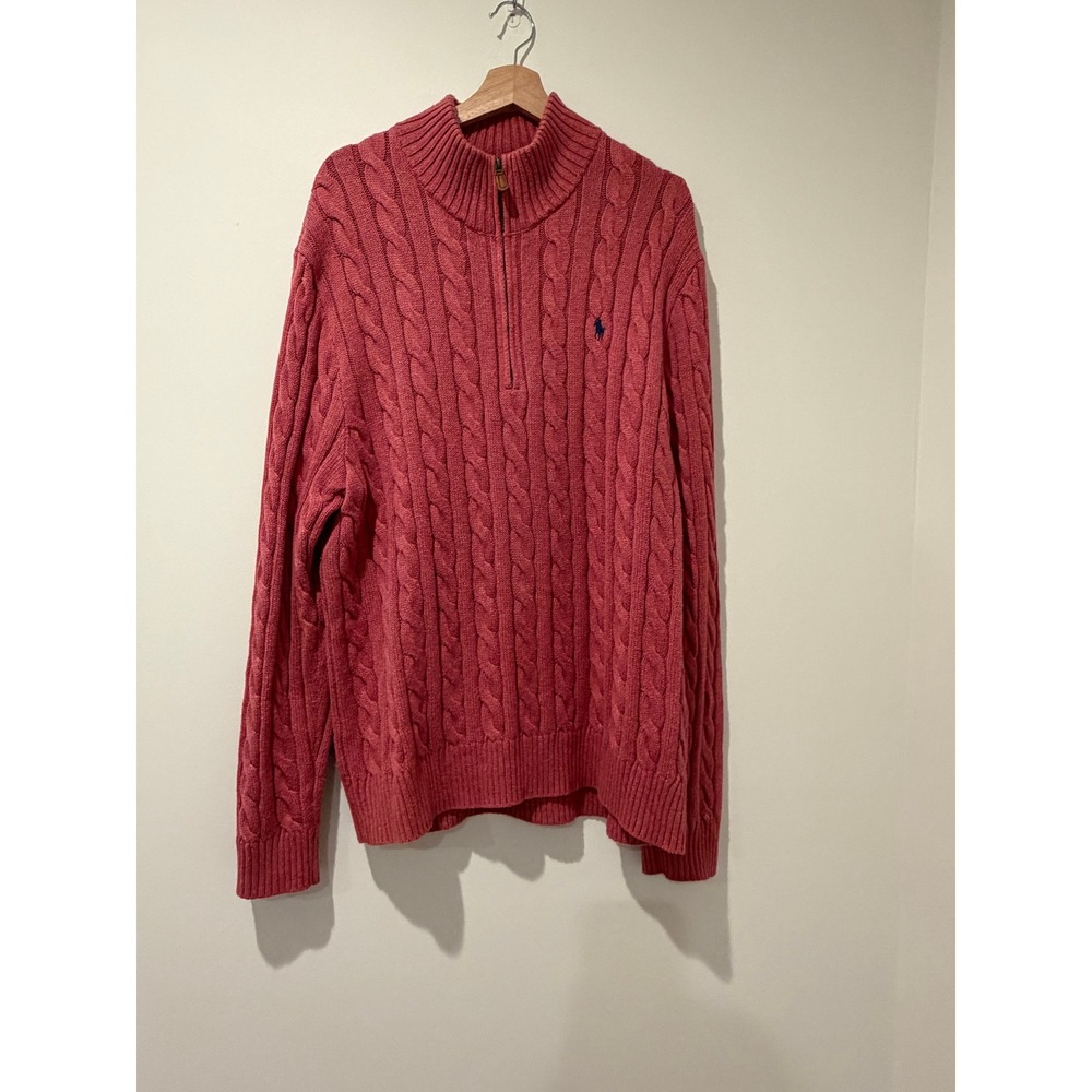 Polo Ralph Lauren Mens Long Sleeve Cable-Knit Cotton 1/4 Sweater, Red, Size XXL